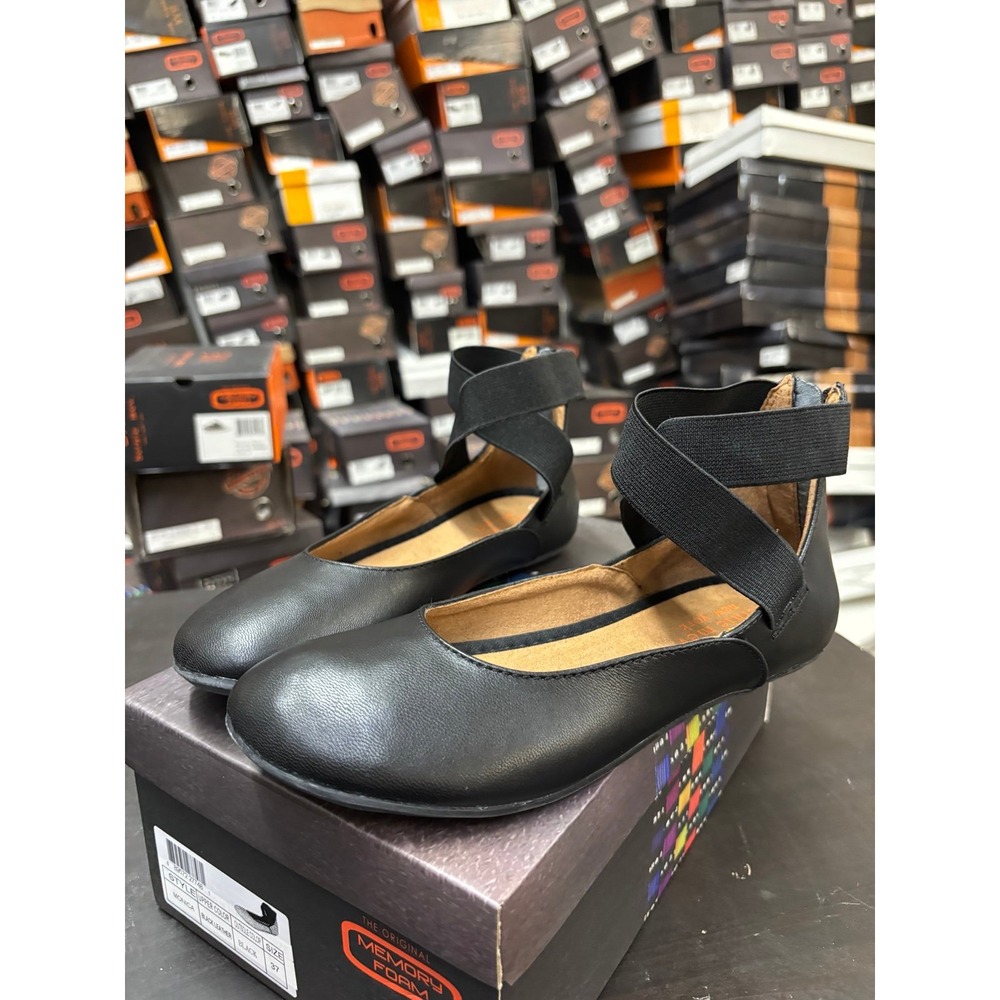 Bernie Mev Monica Black Leather Ankle Strap Memory Foam Flats Size 37 US 6-6.5